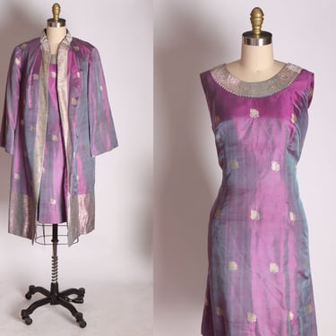 Late 1950s Purple and Gold Sharkskin Silk Sleeveless Sari Indian Inspired Dress with Matching Knee Length Sari Inspired Silk Jacket -L 