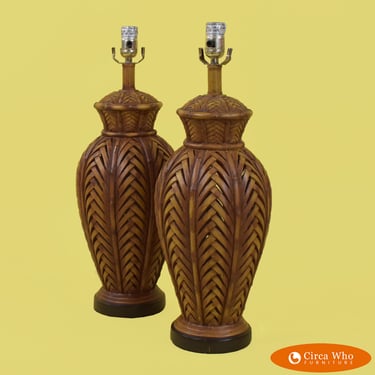 Pair of Carved Wood Palm Leaf Lamps