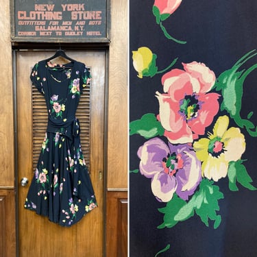 Vintage 1940’s Black Floral Deco Vamp Rayon Pinup Dress, Vintage 1940’s Dress, 1940’s Rayon, Floral Print, Pinup Dress, Deco Style, Vampy 