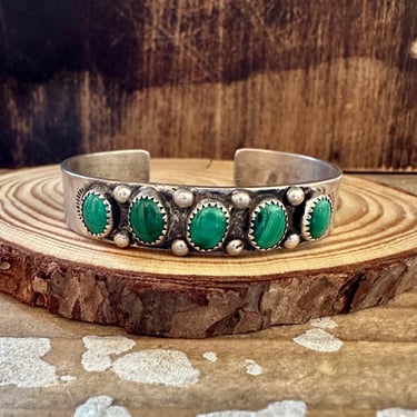 STONE OF TRANSFORMATION Vintage 50 60s Malachite & Silver Cuff w/ Stamped Details, Navajo Native American Indian Style, Southwestern Jewelry 