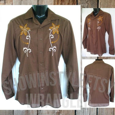 Wrangler Vintage Western Men's Cowboy & Rodeo Shirt, Dark Brown with Large Embroidered  Flower Designs, Tag Size Medium (see measurements) 