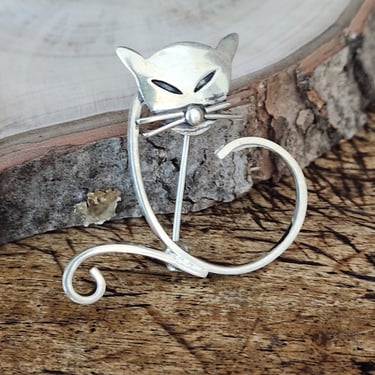 Sterling Cat Brooch MEXICO~Whimsical Cat Pin~Vintage Brooch for her 