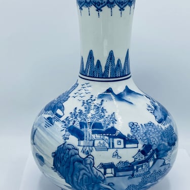 Vintage Large 13"  Blue and White Porcelain Vase with Pretty Asian Scenes Design-  Chip free 