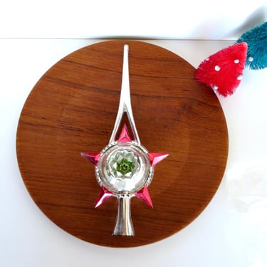 Vintage Christmas Silver and Red Star Tree Topper,  Bradford Plastic Atomic Christmas Tree Decoration 