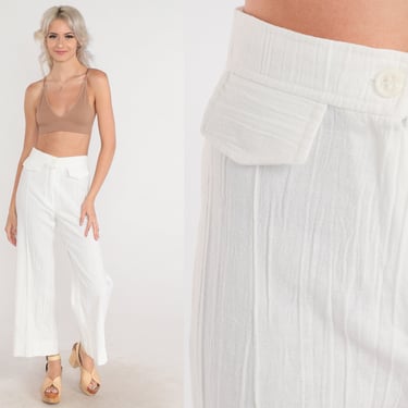 White Pants 70s Wide Leg Trousers Crinkled High Waisted Rise Straight Leg Pleated Preppy Basic Seventies Boho Hippie Vintage 1970s XS 26 