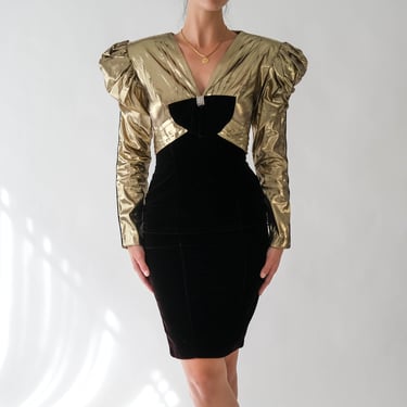 Vintage 80s KAREN OKADA Climax for David Howard Gold Lame & Black Velvet Broad Poof Shoulder Mini Dress | Made in USA | 1980s Designer Gown 