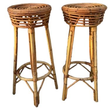 French Ratan Barstools, Pair