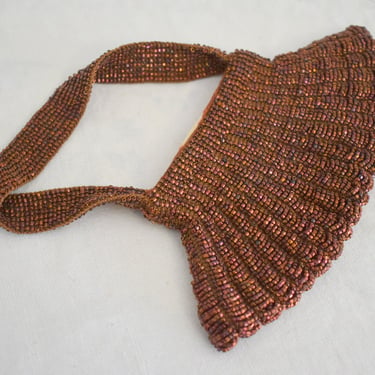 1930s Russet Red-Brown Beaded Crochet Handbag 