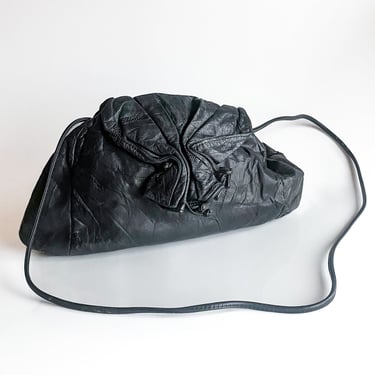 1980s Black Leather Ruched Asymmetrical Crossbody Bag