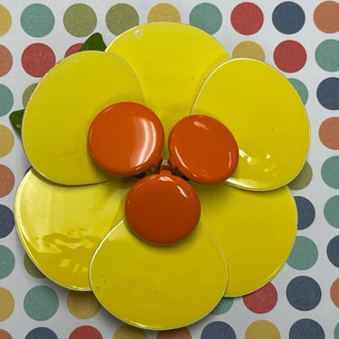 vintage mod daisy brooch 1960s yellow and orange enamel flower power pin 