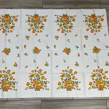 1950s roses tablecloth vintage kitchen floral rectangular table linen orange and yellow 