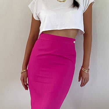 90s fuchsia skirt / vintage Italian hot pink 100% linen knee length flat front wiggle skirt | 27 Waist Medium 