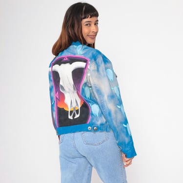 Vintage 90s Western Denim Jacket DIY Airbrushed Cow Skull Graphic Charms Distressed Blue Red Bison Print Rodeo Southwestern 1990s Medium M 