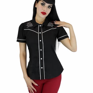 Spiderwebs and Spider Black Western Rockabilly Women Top / Halloween Blouse XS-3XL 