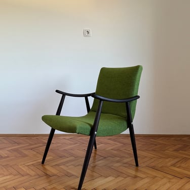 Vintage Green & Black Meblo Armchair / Retro Black Wood Accent Chair / Upholstered Lounge Armchair / Yugoslavia / 1970s 