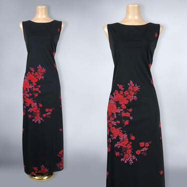 VINTAGE 90s Y2K Red and Pink Floral Print Stretch Maxi Dress with Side Slits Sz 14 by G.A.S. | 1990s 2000s Gothic Black Dress | VFG 