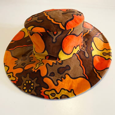 19# MOD Velvet Peter Max Print Floppy Hat • Vintage 60s 70s Groovy Psychedelic Print in Orange Brown and Gold • Sexy Hippie Boho Love Child 