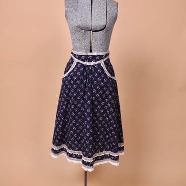 80s Navy Calico Peasant Skirt With Pockets by Gunne Sax, XXS