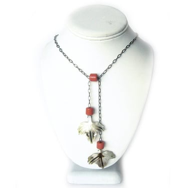 Lariat Style Necklace with Mother of Pearl Leaves and Coral Beads, Abalone Shell Boho Chic, Leaf Necklace, Gift for Her, Shell Jewelry 