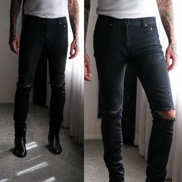 SAINT LAURENT PARIS D02 Black Washed Destroyed Knee Skinny Stretch Fit Jeans | Made in Japan | 34x34 | Hedi Slimane Designer Denim Pants 