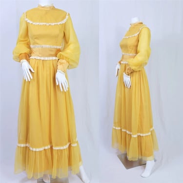 Marigold Yellow 1970's Mustard Chiffon Prairie Dress I Sz Med I Tamara's 