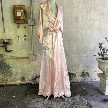 Vintage 1940s Pink Satin Dressing Gown Robe Full Length Coat Wrap Dress Quilted