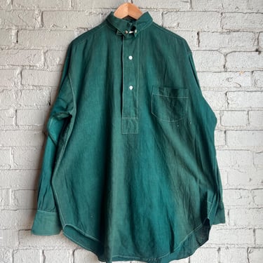 XL XXL, Vintage 1920s 1930s Green Pullover ChinStrap Shirt, Cotton, Workwear 