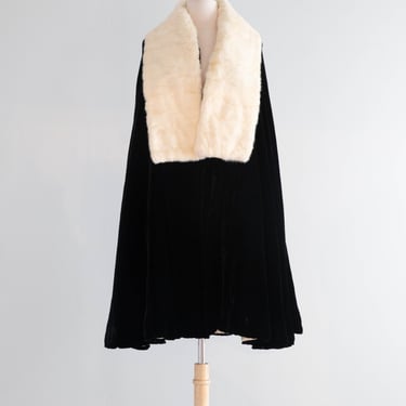 Glamorous 1930's Silk Velvet Evening Cape With Ermine Collar / SM