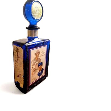 Vintage J.W. Dant Whiskey Decanter 50th Anniversary - 1969 -Cobalt Blue Mid-Century Glass 