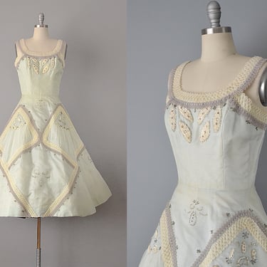 Rare 1950s FONTANA Dress / Sorelle Fontana Couture Dress / Pale Blue Organdy Dress w/ Appliqués / Fit and Flare Party Dress / Size Small 