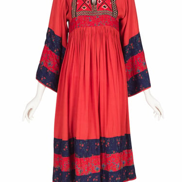 Karmelle 1970s Vintage Embroidered Red Indian Rayon Floral Trim Dress Sz XS 