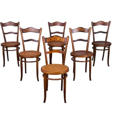 DELIVERY CHARGE Antique French Bentwood Marquetry Bistro Dining Chairs W/ Cane Seats - Set of 6 