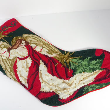 Vintage Christmas Needlepoint Stocking - Needlepoint Angel Stocking 