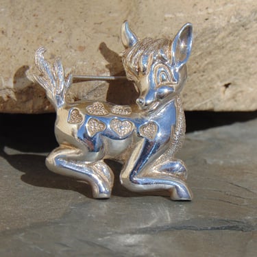 D'Molina ~ Mexican Sterling Silver Fawn Bambi Deer with Hearts Brooch / Pin 