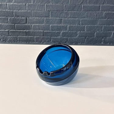 Mid-Century Blue Glass Orb Ash Tray by Viking Art Glass, c.1960’s 