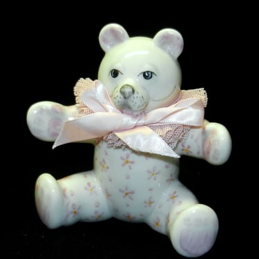 Sweet Porcelain White, Pink, Teddy Bear Baby Girl Gift~ Irish Dresden MZ ~Hand Painted Lace  Pink Girl Gift~ Vintage Irish Gift 