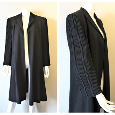 Vintage 40s 1940s Amazing Black Gabardine Decorative Ribbon Sleeves Art Deco Clutch Coat Jacket // Fits XS to Medium 