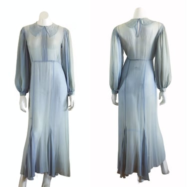 1930s Blue Gown with Balloon Sleeves 