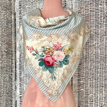 Large Silk Scarf, Rose Pattern, Square Foulard, Echo Signed, Made in Japan, Vintage 50s 60s 