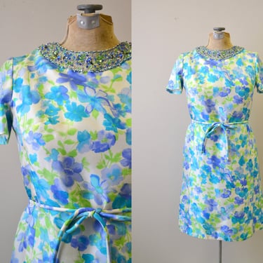 1960s Nat Kaplan Silk Floral Bejeweled Dress and Tie Belt 