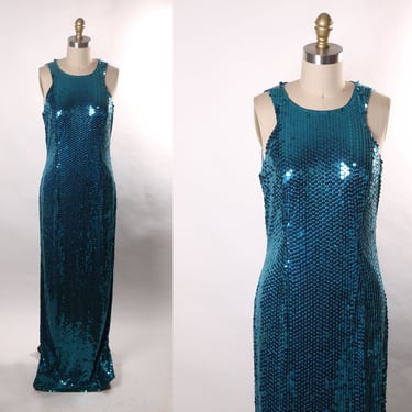 Late 1980s Early 1990s Blue Sequin Sleeveless Full Length Keyhole Back Formal Prom Dress by Adrianna Papell -L 