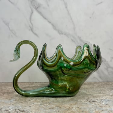 Sooner Arklahoma Art Glass Green Swan - Vintage Decorative Collectible 