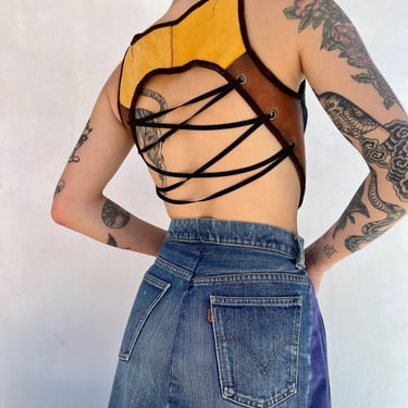 90's Patchwork Leather Crop Top / Y2k backless Leather / Strappy Top / Burning Man 