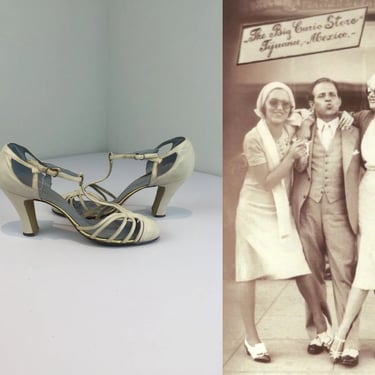 Crazy Trips to Tijuana - Vintage 1930s Ivory Leather Strappy TStrap Heels Shoes - 8B 