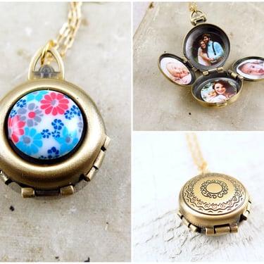 Retro Flower Locket with Photos, Four Photo Locket, 4 Way Locket, Personalized Gift for Her, Nostalgia Jewelry 