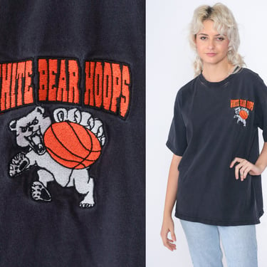 White Bear Hoops Shirt 90s Basketball T-Shirt Embroidered Logo Graphic Tee Twin Cities Sports TShirt Black Vintage 1990s M.J Soffe Large L 