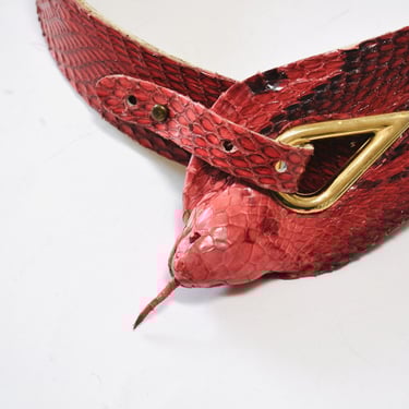 Vintage 80s Red Python Snake Belt leather Gold Snake Belt Adjustable 70s 80s Glam Snake Head Cobra Belt Small Medium 28"-30" Belt 