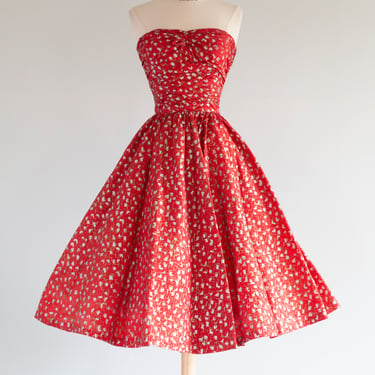 Festive 1950's Fred Perlberg Cherry Red Silk Party Dress With Silver & Gold Print / Small