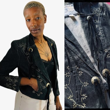Kenzo Black Denim Fringe Jacket with Gold Embroidery
