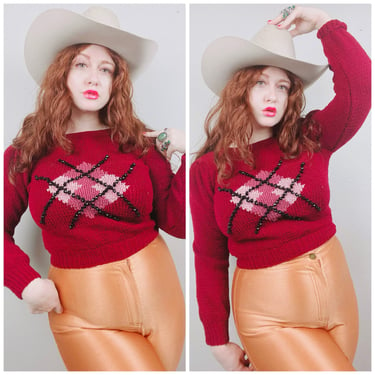 1980s Vintage MME Defarge Elizabeth Arden Maroon Sweater / 80s / Argyle Beaded Cropped Acrylic Knit Jumper / Medium 